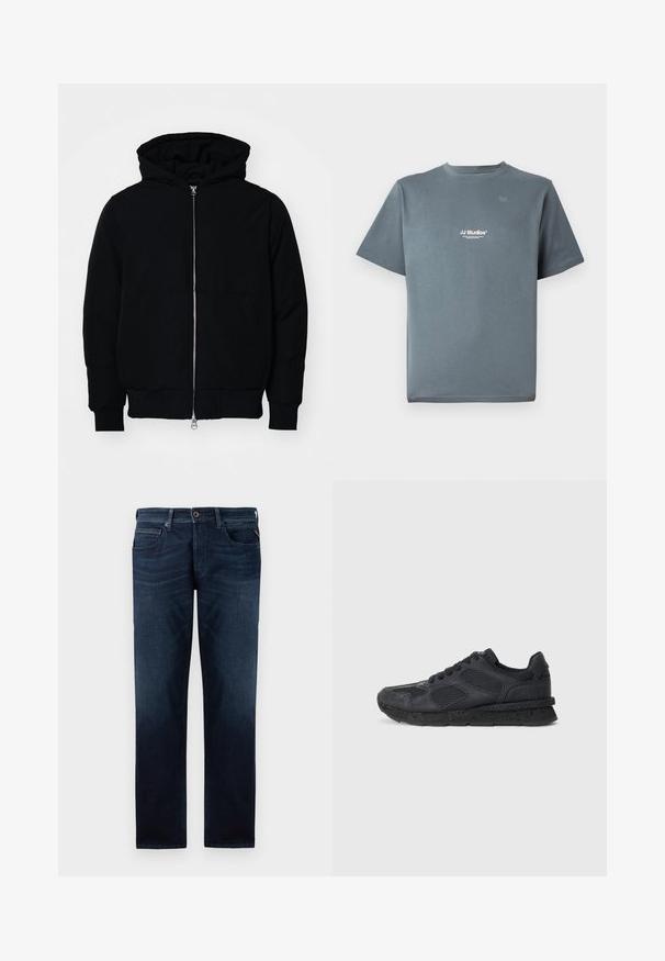 Giacca nera con cappuccio, dotata di zip frontale, tasca a marsupio, polsini e orlo a coste, esposta su uno sfondo bianco semplice.; T-shirt in cotone grigio con collo rotondo, maniche corte e un piccolo logo bianco "JJ Studios" sul petto. Texture liscia e vestibilità comoda.; Jeans in denim blu scuro con un design a gamba dritta, stile a cinque tasche e chiusura con bottone visibile in vita. Texture liscia.; Replay ARTHUR ATOM - Sneakers basse - black