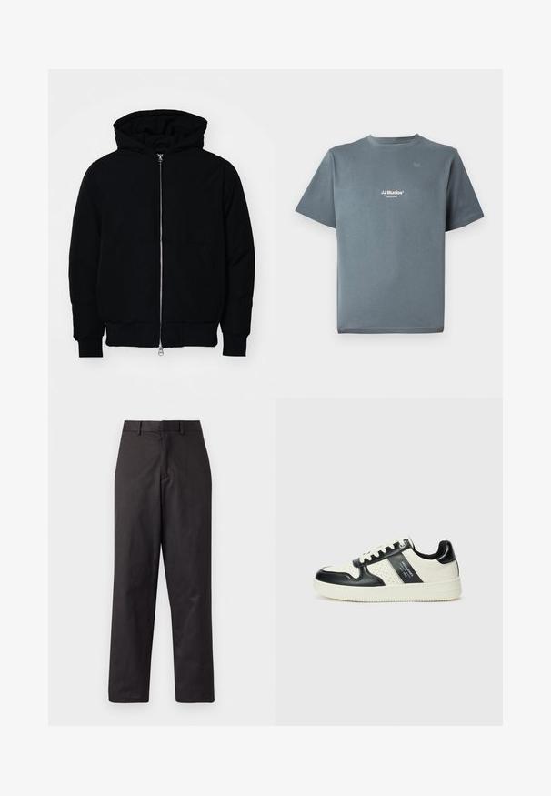 Veste à capuche noire avec fermeture éclair sur le devant, poche kangourou, poignets et ourlet côtelés, présentée sur un fond blanc uni.; T-shirt en coton gris avec un col rond, des manches courtes et un petit logo blanc "JJ Studios" sur la poitrine. Texture lisse et coupe décontractée.; Pantalons noirs en tissu mélangé de coton, présentant une coupe droite, des poches avant et une taille standard avec passants de ceinture.; Baskets en cuir avec un schéma de couleurs noir et crème, dotées d'accents perforés, d'un col rembourré et d'une semelle texturée.