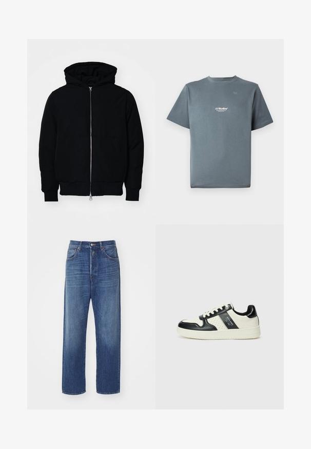 Melna kapucēta jaka ar priekšējo rāvējslēdzēju, kenguru kabatu, ribinātām aprocēm un apakšmalu, parādīta uz vienkārša balta fona.; Pelēka kokvilnas T-krekls ar apaļu kaklu, īsām piedurknēm un mazu baltu "JJ Studios" logotipu uz krūtīm. Gluda tekstūra un brīva piegriezuma forma.; Tumši zili džinsi ar taisnu kāju griezumu, ar priekšējo pogu aizdari, piecām kabatām un gaismas izbalēšanas detaļām audumā.; Ādas sporta apavi ar melnbaltu krāsu shēmu, ar perforētiem akcentiem, mīkstinātu apkakli un teksturētu zoli.