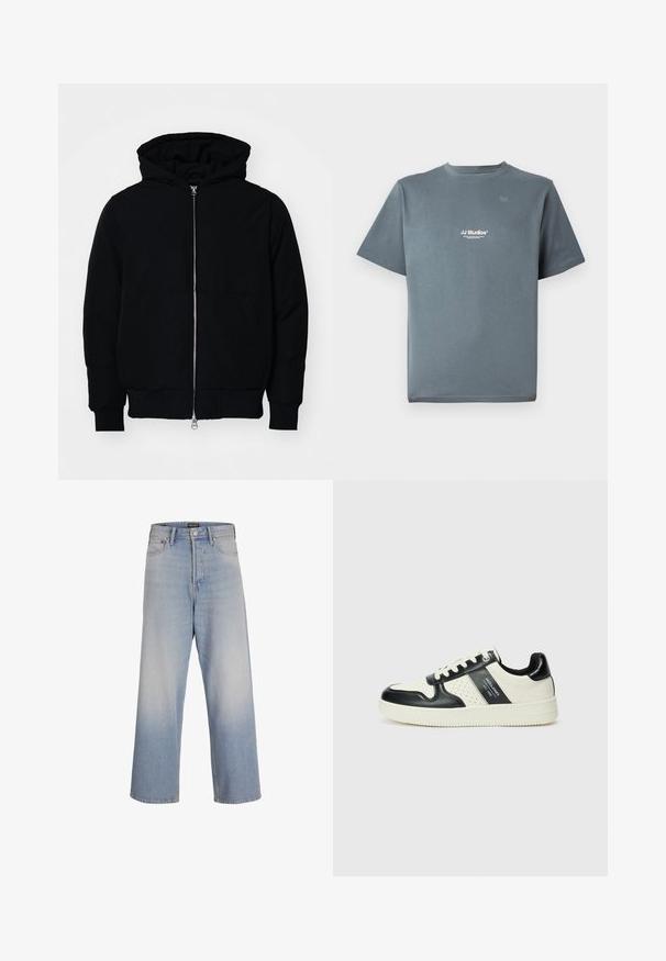 Crna kapuška jakna s prednjim zatvaračem, kenguru džepom, rebrastim manžetama i rubom, prikazana na običnoj bijeloj pozadini.; Siva pamukasta majica s okruglim izrezom, kratkim rukavima i malim bijelim logotipom "JJ Studios" na prsima. Glatka tekstura i opušteni kroj.; Svijetloplave traperice širokih nogavica, visokog struka, s prednjim džepovima i istovarenim efektom za teksturirani izgled.; Kožne tenisice s crno-bijelom paletom boja, koje imaju perforirane akcentne detalje, podstavljeni ovratnik i teksturiranu potplat.