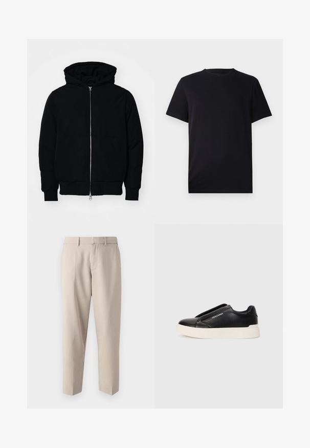 Giacca nera con cappuccio, dotata di zip frontale, tasca a marsupio, polsini e orlo a coste, esposta su uno sfondo bianco semplice.; T-shirt nera a maniche corte realizzata in cotone liscio, con scollatura a girocollo e vestibilità classica, priva di motivi o accessori visibili.; Abercrombie & Fitch Baggy Trouser - Pantaloni - khaki; Sneaker nera slip-on con parte superiore in pelle texturizzata, suola in gomma bianca e senza lacci visibili. Presenta il logo del marchio sul lato.