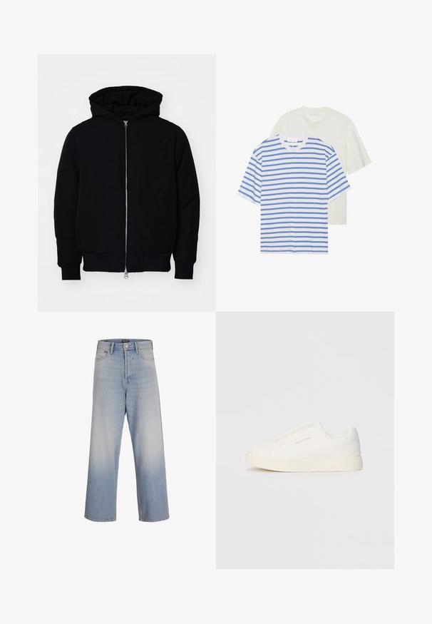 Black hooded jacket with front zipper, kangaroo pocket, ribbed cuffs, and hem, displayed on a plain white background.; Two short-sleeve t-shirts: one white with blue stripes and one solid light cream. Soft cotton material, crew neck design, relaxed fit.; Light blue wide-leg jeans made of denim, featuring a high waist, front pockets, and a faded wash effect for a textured appearance.; White slip-on sneakers with a textured surface, a thick sole, and minimalistic design. Features brand logo on the side.
