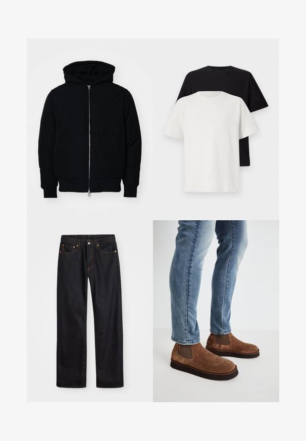 Melna kapucēta jaka ar priekšējo rāvējslēdzēju, kenguru kabatu, ribinātām aprocēm un apakšmalu, parādīta uz vienkārša balta fona.; Kokvilnas T-kreklu komplekts, kas sastāv no melna un baltā T-krekla, abi ar īsām piedurknēm, apaļu kakla izgriezumu un standarta piegriezumu. Faktūras audums.; Vīriešu taisno kāju melnie džinsi ar piecām kabatām un oranžu izšuvumu, ar pogu un zipa aizdari priekšējā jostas daļā.; Brūni zamšādas potīšu zābaki ar elastīgām sānu paneļiem, bieza melna gumijas zole, apvienoti ar gaiši zilām šaurām džinsu biksēm.