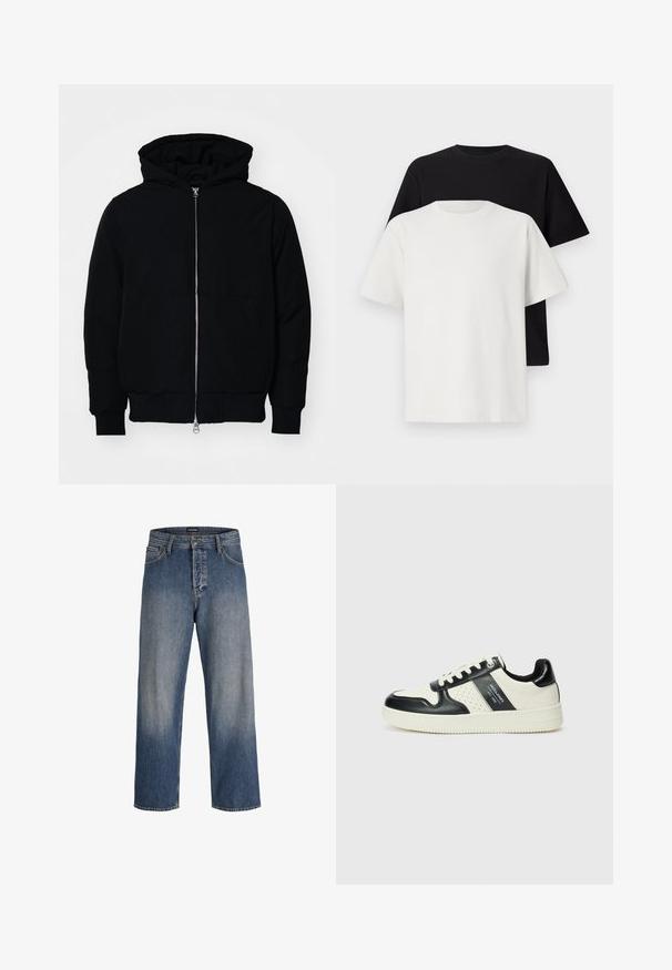 Black hooded jacket with front zipper, kangaroo pocket, ribbed cuffs, and hem, displayed on a plain white background.; Cotton t-shirt set featuring a black top and a white top, both with short sleeves, round neckline, and standard fit. Textured fabric.; Blue denim jeans with a loose fit, featuring a faded design, five pockets, belt loops, and a button and zipper closure.; Leather sneakers with a black and cream color scheme, featuring perforated accents, a padded collar, and a textured outsole.