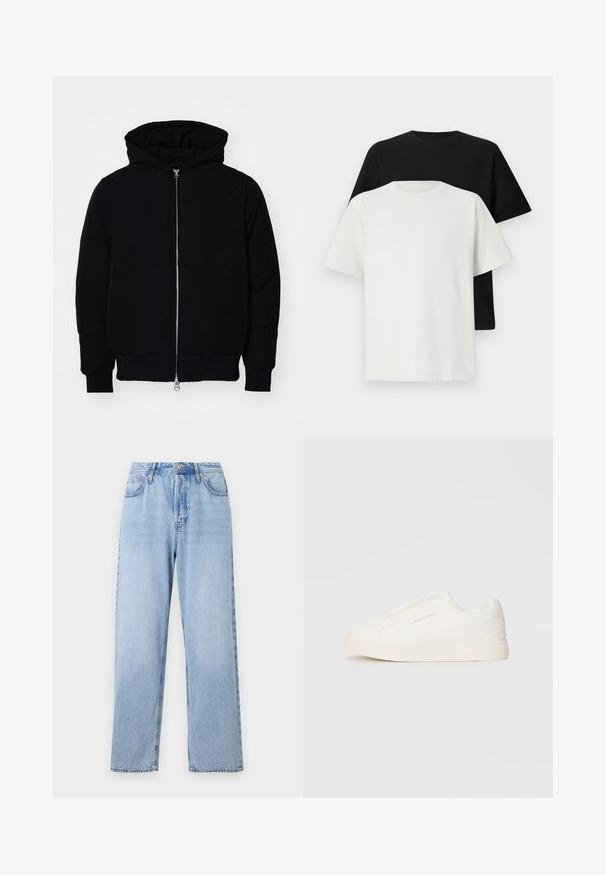 Čierna kapucňová bunda s predným zipsom, klokaními vreckami, rebrovanými manžetami a lemom, zobrazená na bielom pozadí.; Bavlnená súprava tričiek, ktorá obsahuje čierne tričko a biele tričko, obe s krátkymi rukávmi, okrúhlym výstrihom a štandardným strihom. Textúrovaná látka.; Svetlomodré denimové džínsy so štandardným strihom, vysokým pásom, piatimi vreckami a zapínaním na horný gombík. Majú bledý praný vzhľad a kontrastné šitie.; Biele slip-on tenisky s textúrovaným povrchom, hrubou podrážkou a minimalistickým dizajnom. Obsahuje logo značky na boku.