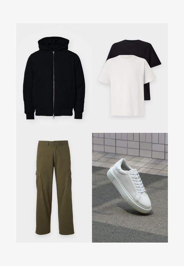 Black hooded jacket with front zipper, kangaroo pocket, ribbed cuffs, and hem, displayed on a plain white background.; Cotton t-shirt set featuring a black top and a white top, both with short sleeves, round neckline, and standard fit. Textured fabric.; Olive green cargo pants with a straight leg design, featuring side pockets, button closure, and durable fabric texture.; White leather sneaker with a smooth surface, round toe, and flat white laces. Features a textured rubber sole and minimal design elements.