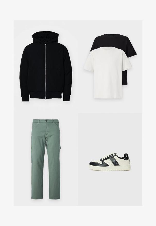 Giacca nera con cappuccio, dotata di zip frontale, tasca a marsupio, polsini e orlo a coste, esposta su uno sfondo bianco semplice.; Set di t-shirt in cotone composto da una maglietta nera e una bianca, entrambe con maniche corte, scollatura rotonda e vestibilità standard. Tessuto testurizzato.; Pantaloni cargo verdi realizzati in tessuto resistente, con design a gamba dritta, tasche laterali e chiusura a bottone. Texture liscia e stile minimalista.; Sneakers in pelle con una combinazione di colori nero e crema, dotati di dettagli perforati, collare imbottito e suola testurizzata.