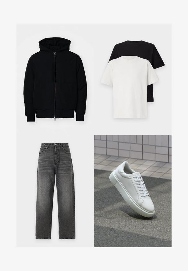 Black hooded jacket with front zipper, kangaroo pocket, ribbed cuffs, and hem, displayed on a plain white background.; Cotton t-shirt set featuring a black top and a white top, both with short sleeves, round neckline, and standard fit. Textured fabric.; High-waisted, wide-leg jeans in faded black denim. Features five pockets, front button closure, and belt loops, with subtle whiskering.; White leather sneaker with a smooth surface, round toe, and flat white laces. Features a textured rubber sole and minimal design elements.
