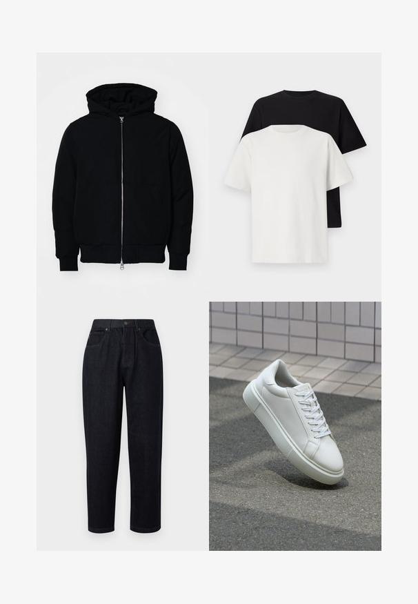 Mustat huppu-untuvatakki, jossa on vetoketju edessä, kenguru-tasku, ribatut hihansuut ja helma, esillä yksinkertaisella valkoisella taustalla.; Setti puuvillapaitoja, joissa on musta ja valkoinen paita, molemmat lyhythihaisilla, pyöreällä kaula-aukolla ja normaalilla istuvuudella. Teksturoitu kangas.; Tummansiniset farkut, joissa on rento leikkaus. Niissä on nappi- ja vetoketjukiinnitys, kaksi etutaskua ja ompelusarjat.; Valkoinen nahkainen lenkkari, jossa on sileä pinta, pyöreä kärki ja tasaiset valkoiset nauhat. Varustettu teksturoidulla kumi-pohjalla ja vähäisillä muotoiluelementeillä.