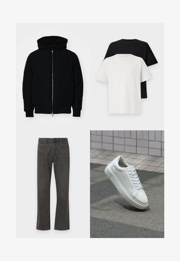 Jachetă neagră cu glugă, cu fermoar în față, buzunar tip kangaroo, mansete și tiv ribbed, prezentată pe un fundal alb simplu.; Set de tricouri din bumbac, care include un top negru și unul alb, ambele cu mâneci scurte, guler rotund și croială standard. Material texturat.; Jeans din denim gri închis cu un design drept, cinci buzunare, bucle pentru curea și închidere cu nasture la talie. Textură netedă, detalii minimale.; Sneaker alb din piele cu o suprafață netedă, vârf rotund și șireturi plate albe. Dispune de o talpă din cauciuc texturată și elemente de design minimale.