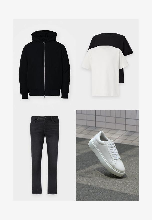 Fekete kapucnis dzseki elülső cipzárral, kenguruzsebbel, bordázott mandzsettákkal és aba, egy sima fehér háttér előtt.; Pamut póló szett, amely egy fekete és egy fehér pólót tartalmaz, mindkettő rövid ujjú, környakú és normál fazonú. Texturált anyag.; Fekete farmernadrág egyenes szárú szabással, öt zsebbel, közepes magasságú derékpánttal és finom kifakult részletekkel.; Fehér bőr sportcipő sima felülettel, kerek orral és lapos fehér fűzőkkel. Texturált gumitalppal és minimális dizájnelemekkel rendelkezik.