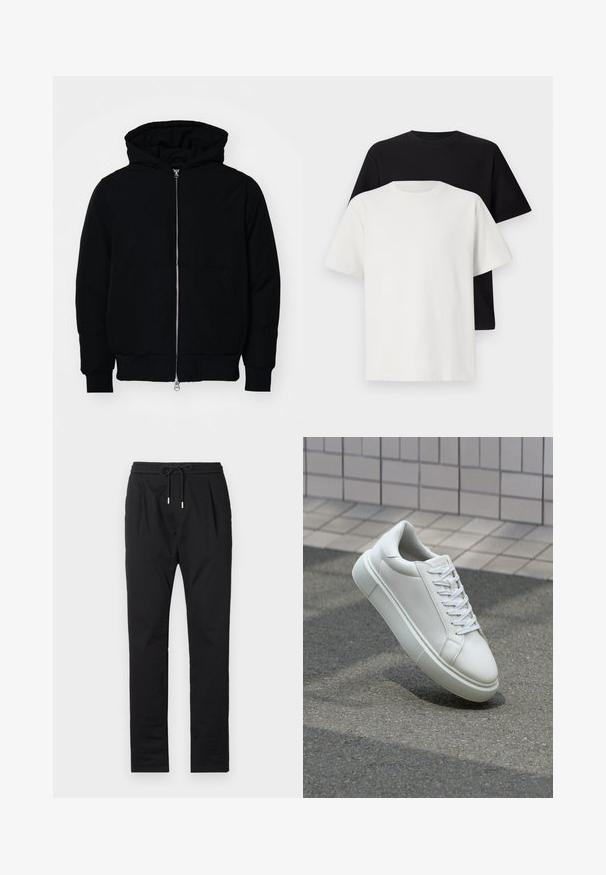 Svart huoodiejacka med framdragkedja, känguruficka, ribbade ärmslut och nederkant, uppställd mot en vit bakgrund.; Set med bomullströjor som inkluderar en svart och en vit topp, båda med korta ärmar, rund halsringning och standard passform. Strukturerad tyg.; Svarta, lätta byxor med elastisk midja, snörning och två framfickor. Slät textur med en skräddarsydd passform.; Vit lädersneaker med en slät yta, rund tå och platta vita snören. Har en texturerad gummisula och minimalistiska designelement.