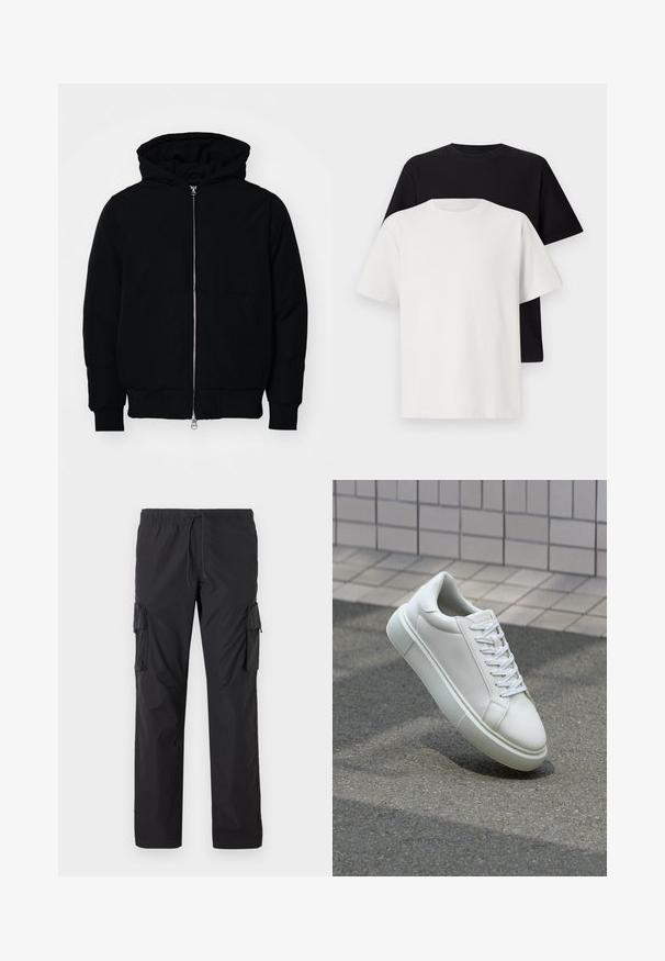 Giacca nera con cappuccio, dotata di zip frontale, tasca a marsupio, polsini e orlo a coste, esposta su uno sfondo bianco semplice.; Set di t-shirt in cotone composto da una maglietta nera e una bianca, entrambe con maniche corte, scollatura rotonda e vestibilità standard. Tessuto testurizzato.; Pantaloni cargo neri realizzati in materiale leggero, dotati di cintura elastica, lacci estrabili e numerose tasche laterali per riporre oggetti.; Sneaker bianco in pelle con superficie liscia, punta rotonda e lacci piatti bianchi. Presenta una suola in gomma texturizzata e un design minimale.