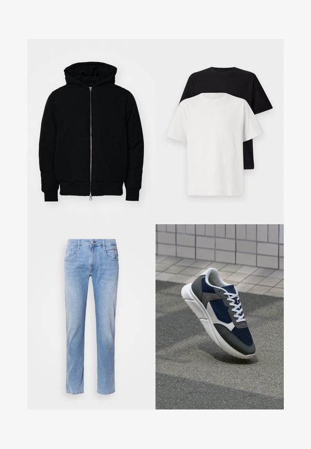 Mustat huppu-untuvatakki, jossa on vetoketju edessä, kenguru-tasku, ribatut hihansuut ja helma, esillä yksinkertaisella valkoisella taustalla.; Setti puuvillapaitoja, joissa on musta ja valkoinen paita, molemmat lyhythihaisilla, pyöreällä kaula-aukolla ja normaalilla istuvuudella. Teksturoitu kangas.; Vaaleansiniset denim-farkut, joissa on suora leikkaus, viisi taskua ja etunappi. Kulunut pinta, jossa on hienovaraisia haalistumia.; Kengät, joissa on tummansininen verkkopäällinen, harmaat mokka-yksityiskohdat, valkoinen kumipohja ja litteät valkoiset nauhat, suunniteltu mukavuutta ja hengittävyyttä varten.