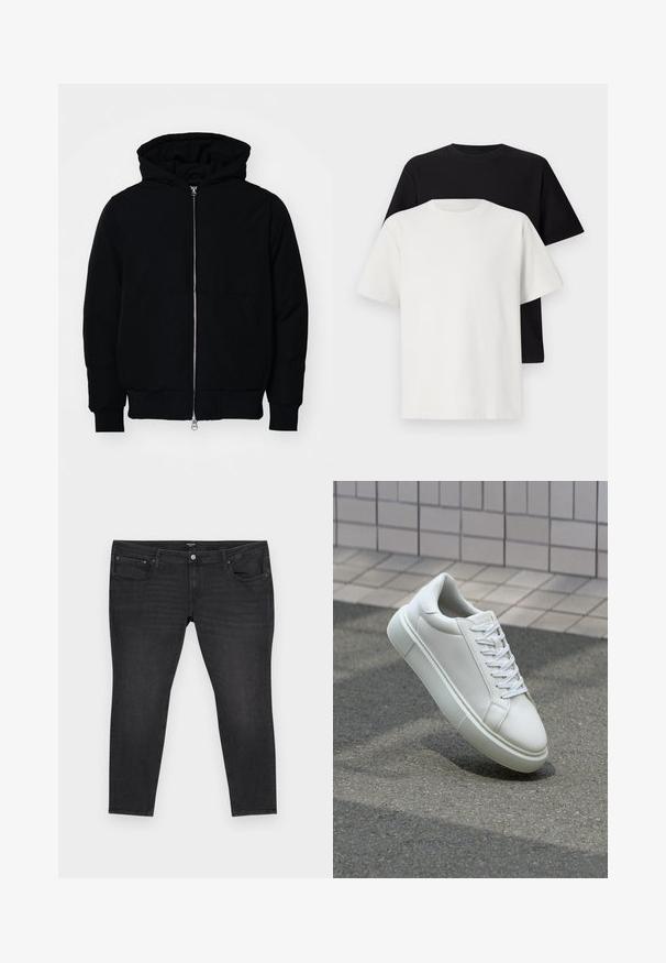 Black hooded jacket with front zipper, kangaroo pocket, ribbed cuffs, and hem, displayed on a plain white background.; Cotton t-shirt set featuring a black top and a white top, both with short sleeves, round neckline, and standard fit. Textured fabric.; Black denim jeans with a fitted cut, featuring five pockets, a front button and zipper closure, and subtle whiskering details.; White leather sneaker with a smooth surface, round toe, and flat white laces. Features a textured rubber sole and minimal design elements.