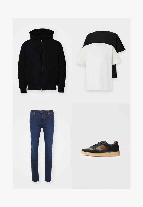 Mustat huppu-untuvatakki, jossa on vetoketju edessä, kenguru-tasku, ribatut hihansuut ja helma, esillä yksinkertaisella valkoisella taustalla.; Setti puuvillapaitoja, joissa on musta ja valkoinen paita, molemmat lyhythihaisilla, pyöreällä kaula-aukolla ja normaalilla istuvuudella. Teksturoitu kangas.; Tummansinisiä farkkuja, joissa on suora lahje, tavalliset taskut, nappikiinnitys ja vaaleanruskeat ompeleet.; Musta ja ruskea matalapohjainen lenkkari, jossa on vaalea pohja, nauhat ja sivu-logo, valkoista taustaa vasten.