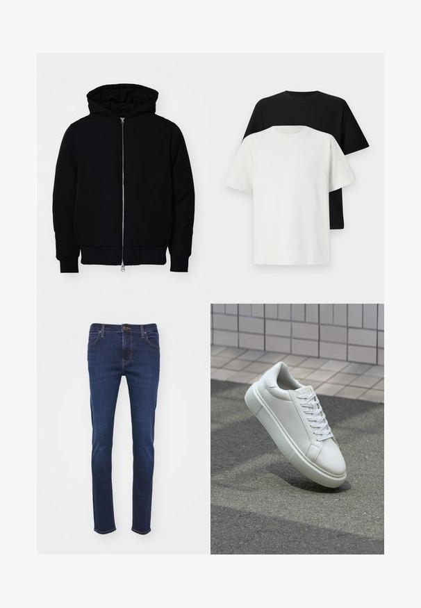 Svart hettejakke med frontglidelås, kengurulomme, ribbestrikket mansjetter og søm, vist på en ensfarget hvit bakgrunn.; Sett med bomull t-skjorter bestående av en svart topp og en hvit topp, begge med korte ermer, rund hals og standard passform. Teksturet stoff.; Mørkeblå denimjeans med rett ben-design, med standardlommer, knappestang og beige sømdetaljer.; Hvit lær sneaker med glatt overflate, rund tå og flate hvite snøringer. Har en teksturert gummisåle og minimale design elementer.