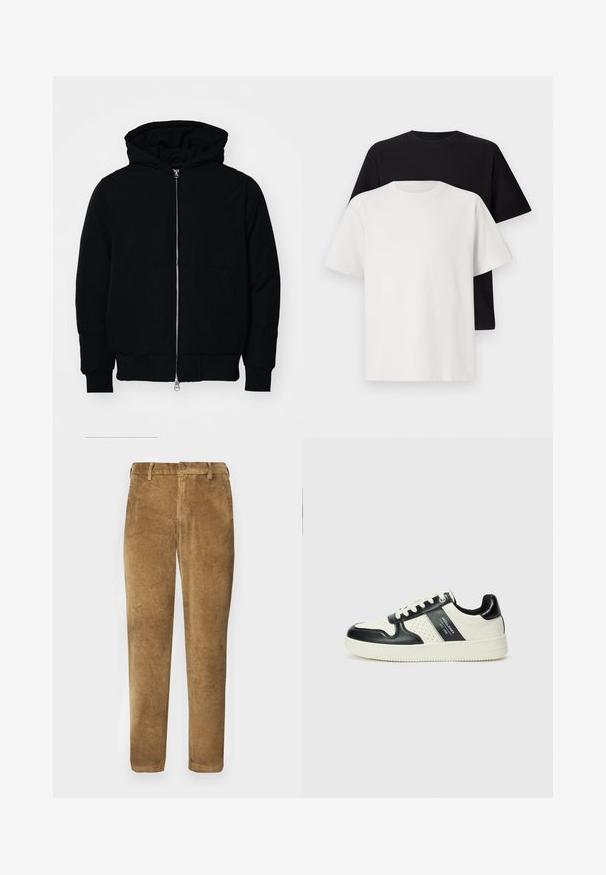 Mustat huppu-untuvatakki, jossa on vetoketju edessä, kenguru-tasku, ribatut hihansuut ja helma, esillä yksinkertaisella valkoisella taustalla.; Setti puuvillapaitoja, joissa on musta ja valkoinen paita, molemmat lyhythihaisilla, pyöreällä kaula-aukolla ja normaalilla istuvuudella. Teksturoitu kangas.; Ruskeat korduroykangas-housut, joissa on pystysuora ribbikuvio, suora leikkaus, napitus ja vyölenkit. Tasainen kangas pehmeällä pinnalla.; Nahkakengät musta-kerma värimaailmassa, joissa on rei'itetyt yksityiskohdat, pehmustettu nilkkaosa ja teksturoitu pohja.