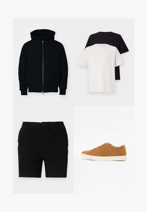 Svart hettejakke med frontglidelås, kengurulomme, ribbestrikket mansjetter og søm, vist på en ensfarget hvit bakgrunn.; Sett med bomull t-skjorter bestående av en svart topp og en hvit topp, begge med korte ermer, rund hals og standard passform. Teksturet stoff.; Svarte shorts med teksturert stoff, elastisk midjebånd og en enkelt knappelukking. Designet for uformell bruk med rette ben.; Brune semskede sneakers med lavtopdesign, hvid gummi sål og rund tå. Har matchende snørebånd og minimal branding på hælen.