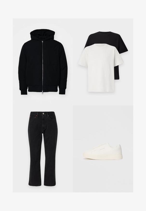 Black hooded jacket with front zipper, kangaroo pocket, ribbed cuffs, and hem, displayed on a plain white background.; Cotton t-shirt set featuring a black top and a white top, both with short sleeves, round neckline, and standard fit. Textured fabric.; Black denim jeans featuring a straight leg design, five-pocket style, and metal hardware with copper accents. Smooth texture and medium rise.; White slip-on sneakers with a textured surface, a thick sole, and minimalistic design. Features brand logo on the side.