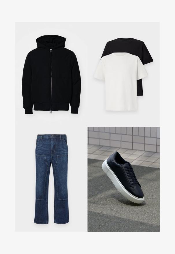 Črna kapuca jakna s sprednjim zadrgo, kenguru žepom, rebrastimi manšetami in hemom, razstavljena na enostavni beli ozadju.; Set bombažnih majic, ki vključuje črno in belo majico, obe z kratkimi rokavi, okroglim izrezom in standardnim krojem. Teksturirana tkanina.; Temno modri jeans z udobnim fitom, širokimi hlačnicami in žepi na sprednji strani. Gladka tekstura z minimalnimi detajli zik-zaka.; Črne usnjene superge z zaobljenim prstom in belim gumijastim podplat. Imajo ravne vezalke in minimalno šivanje na zgornjem delu. Teksturirani podplat za oprijem.