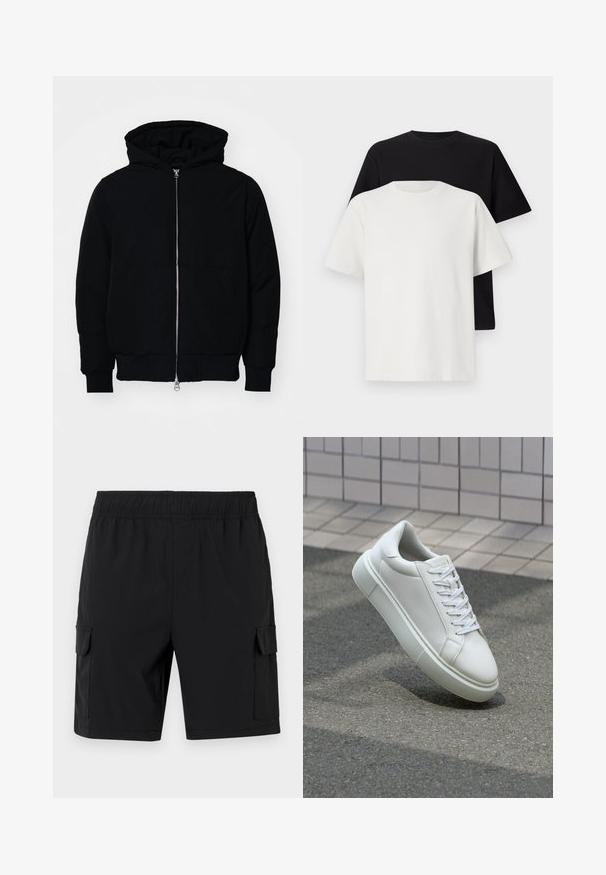 Melna kapucēta jaka ar priekšējo rāvējslēdzēju, kenguru kabatu, ribinātām aprocēm un apakšmalu, parādīta uz vienkārša balta fona.; Kokvilnas T-kreklu komplekts, kas sastāv no melna un baltā T-krekla, abi ar īsām piedurknēm, apaļu kakla izgriezumu un standarta piegriezumu. Faktūras audums.; Melnas kravas bikses ar elastīgu jostu, divi sānu kabatas un gluda, viegla auduma. Vienkāršs dizains, bez rakstiem vai akcentiem.; Baltas ādas sporta apavi ar gludu virsmu, apaļu pirkstu un plakanām baltām šņorēm. Iezīmējas ar strukturētu gumijas zoli un minimālisma dizaina elementiem.