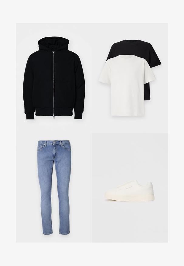 Jachetă neagră cu glugă, cu fermoar în față, buzunar tip kangaroo, mansete și tiv ribbed, prezentată pe un fundal alb simplu.; Set de tricouri din bumbac, care include un top negru și unul alb, ambele cu mâneci scurte, guler rotund și croială standard. Material texturat.; Jeans din denim de un albastru deschis, cu o croială slim. Prezintă cinci buzunare, un închidere cu buton în față și detalii de cusătură minimale. Textură netedă.; Tenisi albi slip-on cu o suprafață texturată, talpă groasă și un design minimalist. Prezintă logo-ul brandului pe lateral.