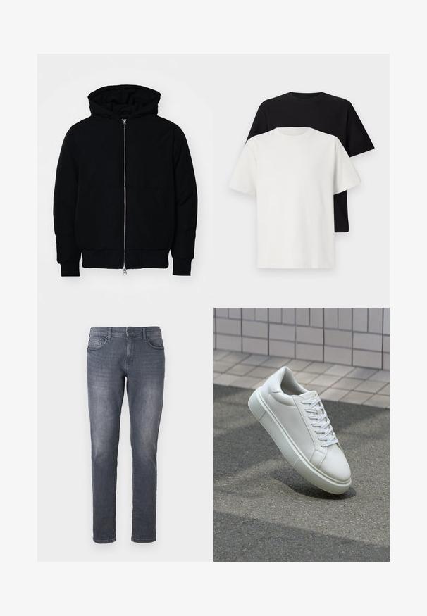 Svart hettejakke med frontglidelås, kengurulomme, ribbestrikket mansjetter og søm, vist på en ensfarget hvit bakgrunn.; Sett med bomull t-skjorter bestående av en svart topp og en hvit topp, begge med korte ermer, rund hals og standard passform. Teksturet stoff.; Grå denim jeans med slim fit, med glidelås, beltehemper, frontlommer og en falmet vaskefinish. Standard rett bendesign.; Hvit lær sneaker med glatt overflate, rund tå og flate hvite snøringer. Har en teksturert gummisåle og minimale design elementer.