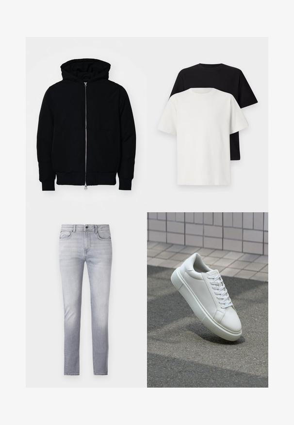 Juodas gobtuvėlis su priekiniu užtrauktuku, kengūros tipo kišene, lygiais rankogaliais ir apvadu, pateiktas ant vientiso balto fono.; Medvilniniai marškiniai, kuriuos sudaro juodas ir baltas marškinėliai, abu su trumpomis rankovėmis, apvaliu iškirpimu ir standartiniu sijonu. Tekstūruota medžiaga.; Šviesiai pilkos džinsinės kelnės su tiesiu įsiliejimu, penkiais kišenėmis, mygtuko ir užtrauktuko uždarymu, ir lengvu išblukimu šlaunų srityje.; Balti odiniai sportbačiai su lygiu paviršiumi, apvalia nosimi ir plokščiomis baltomis raištelėmis. Yra tekstūruotas gumos padas ir minimalizmas dizaino elementuose.