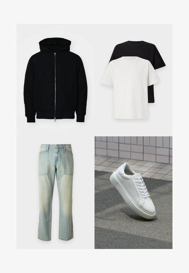 Čierna kapucňová bunda s predným zipsom, klokaními vreckami, rebrovanými manžetami a lemom, zobrazená na bielom pozadí.; Bavlnená súprava tričiek, ktorá obsahuje čierne tričko a biele tričko, obe s krátkymi rukávmi, okrúhlym výstrihom a štandardným strihom. Textúrovaná látka.; Svetlomodré denimové nohavice so strihom rovného noha, viditeľným šitím a dvoma veľkými prednými vreckami. Textília má vyblednutú štruktúru.; Biele kožené tenisky s hladkým povrchom, okrúhlym špičkou a plochými bielymi šnúrkami. Obsahuje štruktúrovanú gumovú podrážku a minimalistický dizajn.