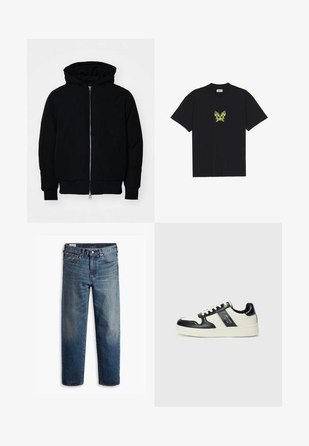 Svart hettejakke med frontglidelås, kengurulomme, ribbestrikket mansjetter og søm, vist på en ensfarget hvit bakgrunn.; Sort bomull T-skjorte med et lite, gult flamme-mønster av en sommerfugl på brystet. Rund hals, korte ermer.; Mørkeblå denimjeans med avslappet passform, rette ben, femlommers design og subtil falming på lårene. Sølvfarget knapp og nagler.; Lædersneakers med sort og creme farveskema, der har perforerede detaljer, en polstret krave og en struktureret ydersål.