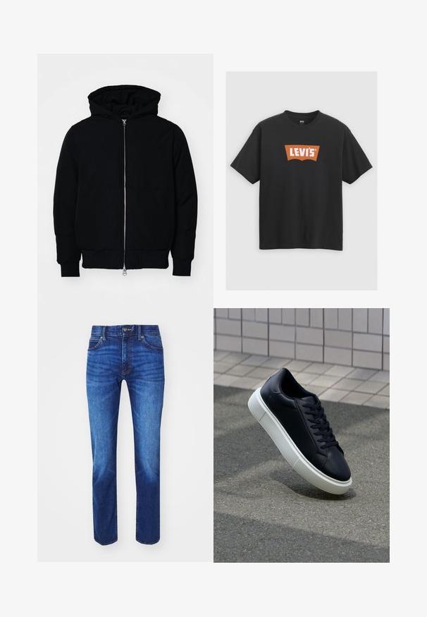 Juodas gobtuvėlis su priekiniu užtrauktuku, kengūros tipo kišene, lygiais rankogaliais ir apvadu, pateiktas ant vientiso balto fono.; Juodas medvilninis marškinėlis, turintis didelį oranžinį Levi's logotipą priekyje, trumpomis rankovėmis ir apvaliu kaklu.; Mėlyno džinsinio audinio kelnės su tiesiu pašiltinimu, vidutinio aukščio juosmeniu, klasikine kišene ir šiek tiek išblukimu priekyje ir ant šlaunų.; Juodas odinis sportbačius su apvaliu pirštu ir baltu gumuotu padu. Turi plokščias raišteles ir minimalų siuvimą viršuje. Padangos tekstūra užtikrina sukibimą.