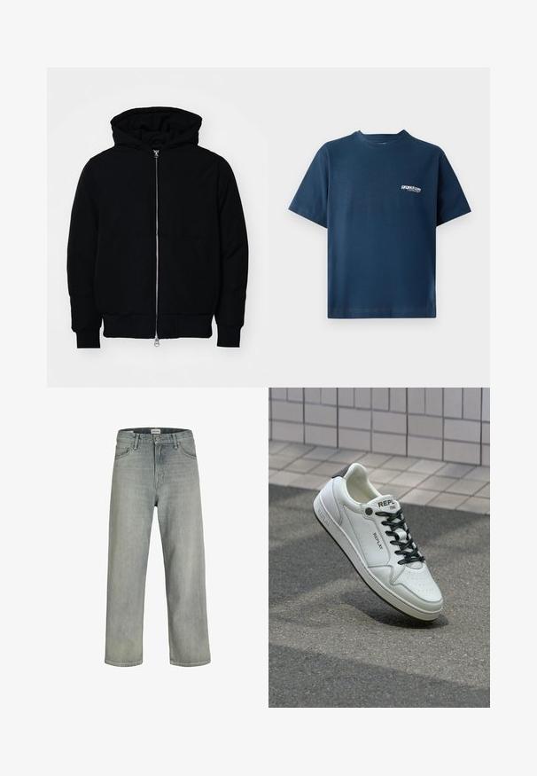 Veste à capuche noire avec fermeture éclair sur le devant, poche kangourou, poignets et ourlet côtelés, présentée sur un fond blanc uni.; T-shirt en coton bleu marine à manches courtes et col rond. Présente un petit logo blanc sur la zone gauche de la poitrine. Texture douce.; Jeans gris clair, de coupe ample en denim. Présente un design classique à cinq poches, des passants de ceinture et une silhouette à jambe droite.; Baskets en cuir blanc avec un bout perforé, lacets noirs et accent au niveau du talon. Présente une marque "REPLAY" et une semelle en caoutchouc solide.