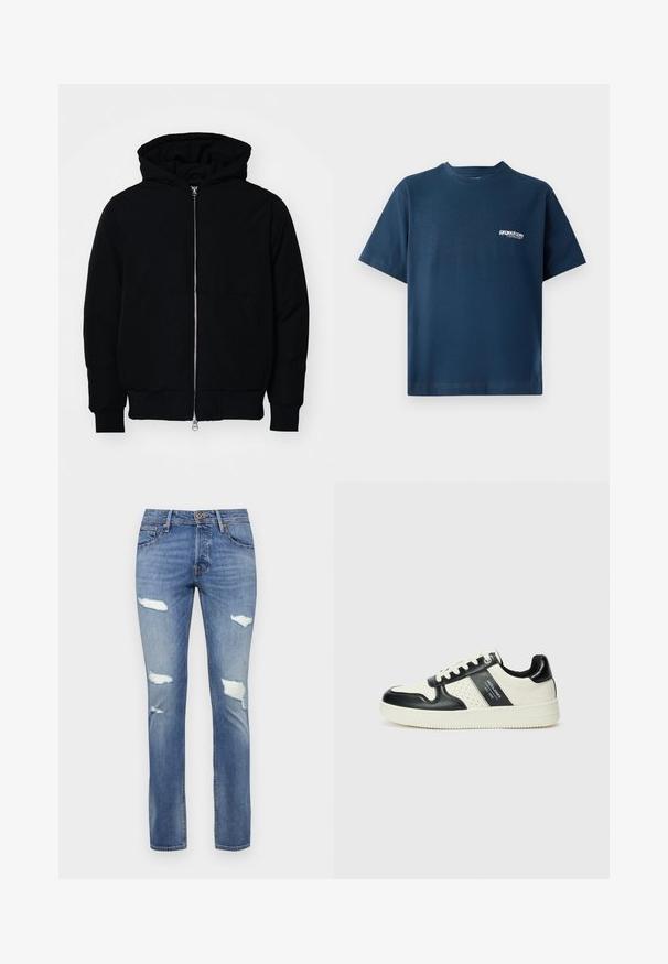 Crna kapuška jakna s prednjim zatvaračem, kenguru džepom, rebrastim manžetama i rubom, prikazana na običnoj bijeloj pozadini.; Tamno plavi pamučni majica s kratkim rukavima i okruglim izrezom. Ima mali bijeli logo na lijevoj strani prsnog područja. Mekana tekstura.; Plave traperice s nešto izblijedjelim završetkom, koje sadrže brojne istrošene rupice i ravni kroj nogavica. Zatvaranje na gumba u struku.; Kožne tenisice s crno-bijelom paletom boja, koje imaju perforirane akcentne detalje, podstavljeni ovratnik i teksturiranu potplat.