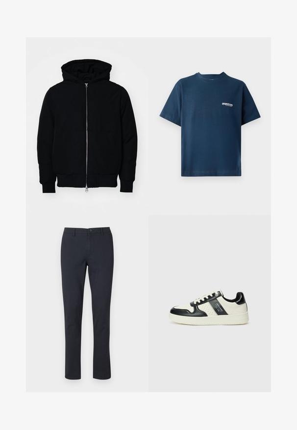 Sort hættejakke med frontlynlås, kængurulomme, ribbede manchetter og kant, præsenteret på en ensfarvet hvid baggrund.; Mørkeblå bomulds-t-shirt med korte ærmer og rund halsudskæring. Har et lille hvidt logo på venstre brystområde. Blød tekstur.; Sorte bomuldsbukser med lige ben, knaplukning og sidelommer; glat tekstur uden synlige mønstre.; Lædersneakers i sort og creme farveskema, med perforerede detaljer, en polstret krave og en struktureret ydersål.