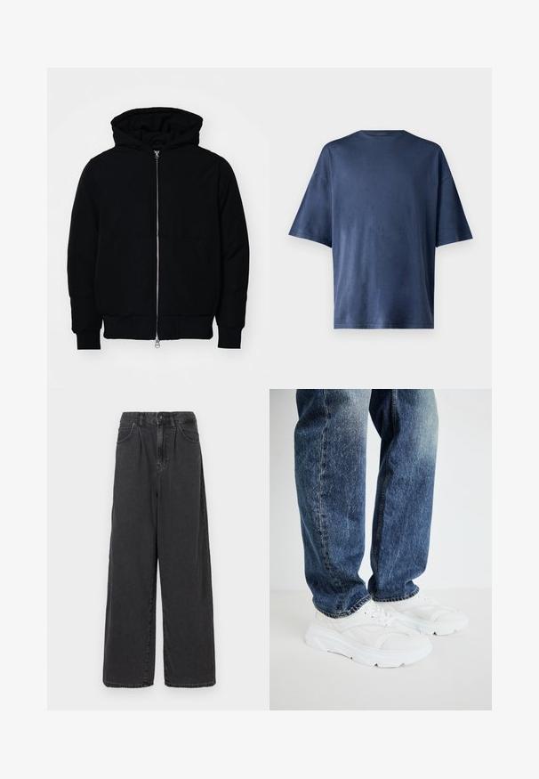 Schwarze Kapuzenjacke mit Frontreißverschluss, Kängurutasche, gerippten Bündchen und Saum, auf einem schlichten weißen Hintergrund präsentiert.; Marineblaue Kurzarm-T-Shirt aus weichem Stoff, mit klassischen Rundhalsausschnitt und lockerer Passform, ohne sichtbare Muster oder Akzente.; Weite, hoch geschnittene schwarze Jeanshose mit einem Frontknopf und Reißverschluss, ausgestattet mit seitlichen Taschen und einer glatten Textur.; Weiße Sportsneakers mit strukturierten Einsätzen und einer dicken Sohle, kombiniert mit blauen Jeans aus Denim mit einer verblichenen Waschung und geradem Schnitt.