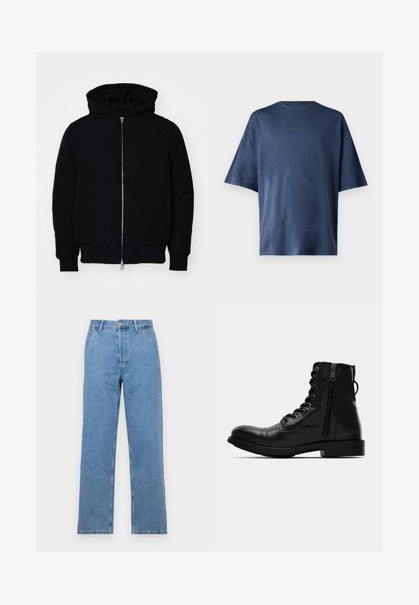 Chaqueta negra con capucha, cierre frontal, bolsillo tipo canguro, y puños y dobladillo acanalados, exhibida sobre un fondo blanco liso.; Camiseta de manga corta azul marino, hecha de una tela suave, con un cuello redondo clásico y un corte relajado, sin patrones ni acentos visibles.; Vaqueros de mezclilla azul claro de pierna recta con un diseño clásico de cinco bolsillos, con cierre de botón en la parte delantera y trabillas para cinturón. Textura suave.; Botín de cuero negro hasta el tobillo con punta redonda, cordones en la parte delantera, cremallera lateral y suela plana. Presenta un logotipo grabado en el talón.