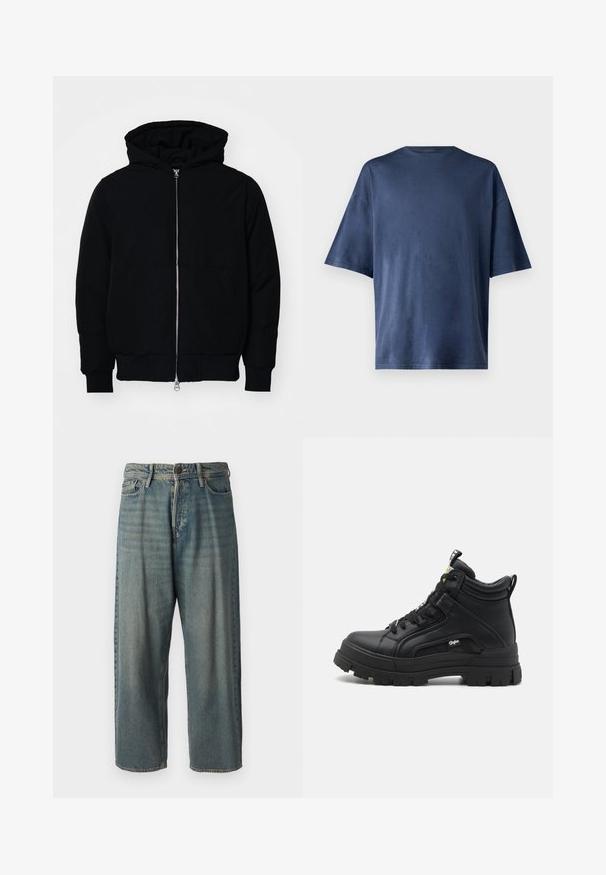 Černá kapucňová bunda s předním zipem, klokaní kapsou, vroubkovanými manžetami a spodním lemem, vystavená na čistém bílém pozadí.; Tmavě modré tričko s krátkým rukávem, vyrobené z měkké tkaniny, má klasický kulatý výstřih a volný střih, bez viditelných vzorů nebo akcentů.; Světle modré denimové džíny s volným střihem, středně vysokým pasem a rovnými nohavicemi. Obsahují pět kapes, poutka na opasek a zapínání na knoflík.; Černá vysoká obuv vyrobená z texturované kůže, s robustní gumovou podrážkou, zavazováním vpředu a malým logem na boční straně.