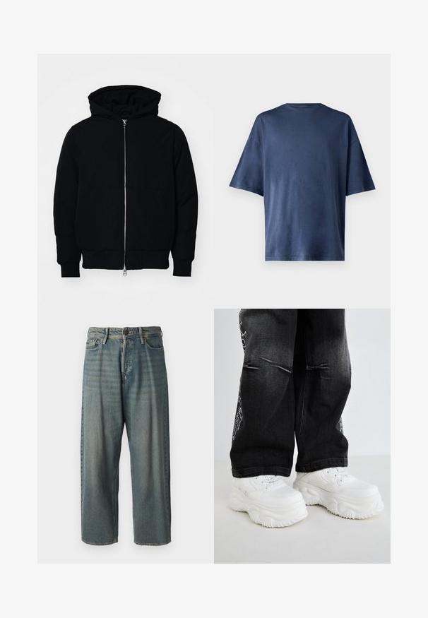 Jachetă neagră cu glugă, cu fermoar în față, buzunar tip kangaroo, mansete și tiv ribbed, prezentată pe un fundal alb simplu.; Tricou navy blue cu mânecă scurtă, realizat dintr-un material moale, prezintă un guler clasic și o croială lejeră, fără modele sau accente vizibile.; Jeans din denim bleu deschis, cu o croială lejeră, talie medie și picioare drepte. Au cinci buzunare, bucle pentru curea și închidere cu nasture.; Adidași albi, masivi, cu talpă texturată și sistem de șireturi, asortați cu pantaloni din denim negri, ce au detalii brodate pe laterale.