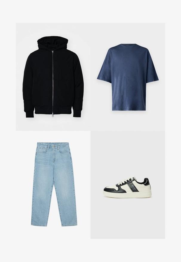 Black hooded jacket with front zipper, kangaroo pocket, ribbed cuffs, and hem, displayed on a plain white background.; Navy blue short-sleeve T-shirt, made of soft fabric, features a classic crew neck and relaxed fit, with no visible patterns or accents.; Light blue denim jeans with high waist, front button, zipper closure, five pockets, and straight-leg fit.; Leather sneakers with a black and cream color scheme, featuring perforated accents, a padded collar, and a textured outsole.