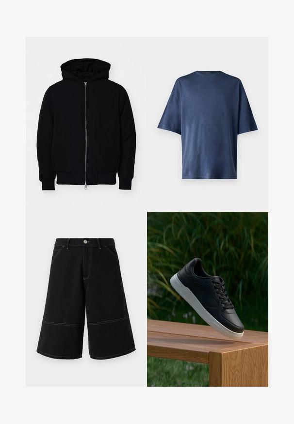Giacca nera con cappuccio, dotata di zip frontale, tasca a marsupio, polsini e orlo a coste, esposta su uno sfondo bianco semplice.; Maglietta a maniche corte blu navy, realizzata in un tessuto morbido, presenta un classico colletto girocollo e una vestibilità comoda, senza motivi o dettagli visibili.; Shorts in denim nero con un design a gamba larga, caratterizzati da cuciture gialle a contrasto e tasche frontali. Il tessuto ha una consistenza liscia e resistente.; Sneaker nero con suola bianca sospeso sopra una panchina di legno, fogliame verde sfocato sullo sfondo.