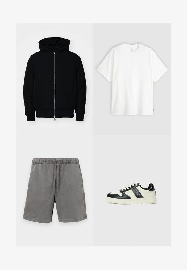 Giacca nera con cappuccio, dotata di zip frontale, tasca a marsupio, polsini e orlo a coste, esposta su uno sfondo bianco semplice.; T-shirt bianco a maniche corte in cotone con collo rotondo. Presenta un discreto dettaglio logo in rilievo sulla parte frontale e un'etichetta rossa sull'orlo.; Pantaloni corti grigi in cotone con vita elastica e cordino, taglio dritto e tasche laterali singole. Texture liscia e design casual.; Sneakers in pelle con una combinazione di colori nero e crema, dotati di dettagli perforati, collare imbottito e suola testurizzata.