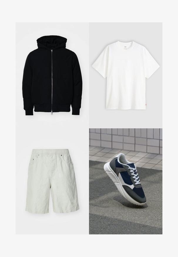 Czarna kurtka z kapturem, z suwakiem z przodu, kieszenią kangurką, ściągaczami przy mankietach i dolnym brzegu, prezentowana na jednolitym białym tle.; Biała koszulka z krótkim rękawem wykonana z bawełny, z okrągłym dekoltem. Posiada subtelny wytłoczony logo z przodu oraz czerwoną metkę na dolnym brzegu.; Jasnoszare szorty wykonane z teksturowanej tkaniny, z elastycznym pasem, dwoma bocznymi kieszeniami i luźnym krojem.; Sneakers z granatową siateczkową cholewką, szarymi zamszowymi akcentami, białą gumową podeszwą i płaskimi białymi sznurówkami, zaprojektowane z myślą o komforcie i wentylacji.