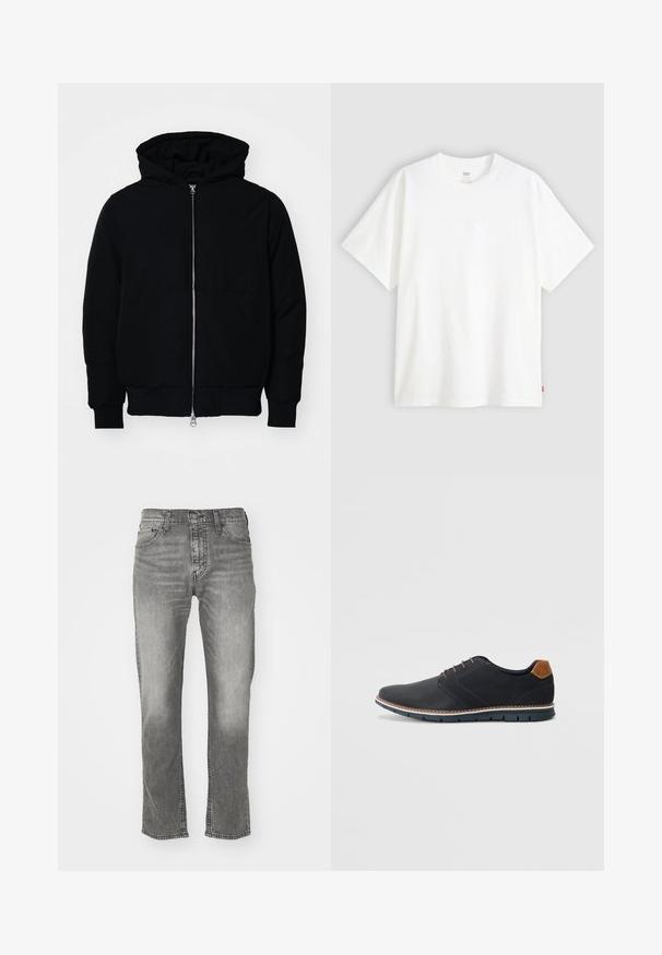Svart hettejakke med frontglidelås, kengurulomme, ribbestrikket mansjetter og søm, vist på en ensfarget hvit bakgrunn.; Hvit t-skjorte med korte ermer laget av bomull, med rund hals. Har diskret preget logo detalj foran og en rød etikett på kanten.; Grå denim jeans med rett benkutt, med knappelukking, fem lommer og kontraststing langs sømmene.; Sorte syntetiske sko med en teksturert overdel, glatte detaljer, brun hæl og en kontrastfarge på sålen. Har minimalt snøring og sømdetaljer.