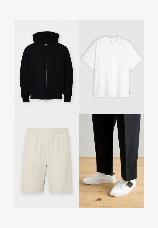 Crna kapuška jakna s prednjim zatvaračem, kenguru džepom, rebrastim manžetama i rubom, prikazana na običnoj bijeloj pozadini.; Bijela kratka majica od pamuka s okruglim izrezom. Sadrži suptilni reljefni logo detalj sprijeda i crvenu oznaku na rubu.; Bež lanene šorce s elastičnim pojasom, koji imaju glatku teksturu i ravni kroj koji završava malo iznad koljena.; Bijele tenisice s glatkom teksturom, s smešnim kožnim detaljima i crnim naglascima, u kombinaciji s crnim krojenim hlačama. Pozadina od drvenog poda.
