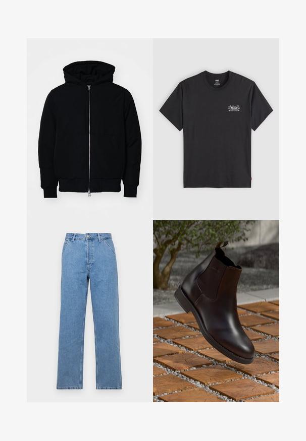 Černá kapucňová bunda s předním zipem, klokaní kapsou, vroubkovanými manžetami a spodním lemem, vystavená na čistém bílém pozadí.; Černé bavlněné tričko s krátkým rukávem a kulatým výstřihem. Na levé straně hrudi má malý bílý grafický potisk. Hladká textura.; Světle modré džíny rovného střihu s klasickým designem pěti kapes, s předním knoflíkovým zapínáním a poutky na opasek. Hladká textura.; Hnědé kožené chelsea boty s elastickými bočními panely, poutkem a hladkým povrchem, umístěné na texturovaném cihlovém a štěrkovém povrchu.