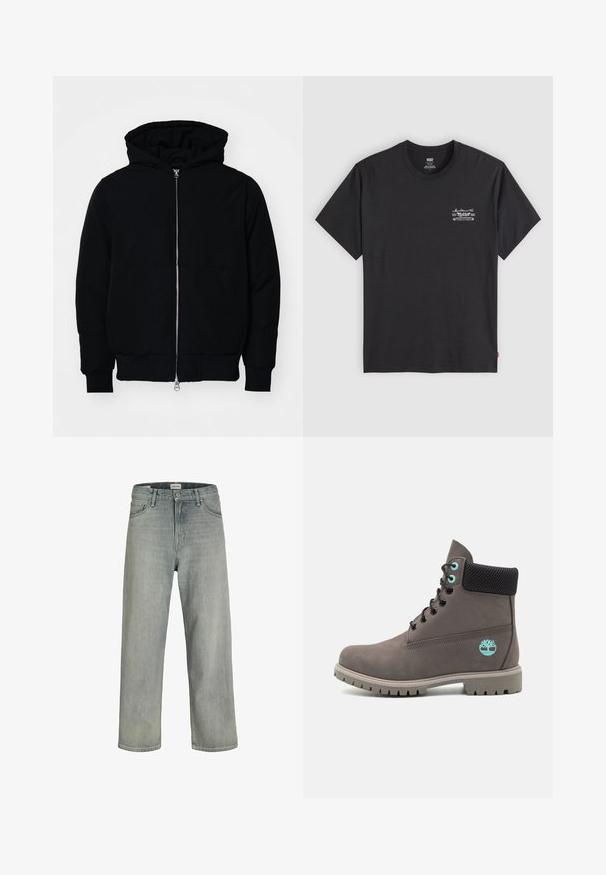 Fekete kapucnis dzseki elülső cipzárral, kenguruzsebbel, bordázott mandzsettákkal és aba, egy sima fehér háttér előtt.; Fekete pamut póló rövid ujjakkal és kerek nyakkal. Bal mellen egy kis fehér grafikai nyomat található. Sima textúra.; Világosszürke, laza szabású farmernadrág. Klasszikus öt zsebes dizájn, övhurkok és egyenes szárú fazon jellemzi.; Timberland Fűzős bokacsizmák - medium grey