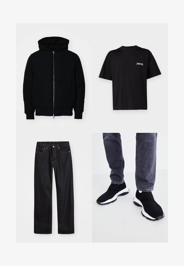 Veste à capuche noire avec fermeture éclair sur le devant, poche kangourou, poignets et ourlet côtelés, présentée sur un fond blanc uni.; T-shirt en coton noir à manches courtes, col rond, avec impression sur la poitrine gauche en texte blanc et doré, offrant une coupe décontractée.; Jean en denim noir pour hommes, coupe droite, avec cinq poches et surpiqûres orange, fermeture par bouton et zip à la taille avant.; Des baskets noires et blanches à enfiler avec un dessus en maille texturée, un bout rond et une semelle en caoutchouc noire, assorties à un jean foncé.