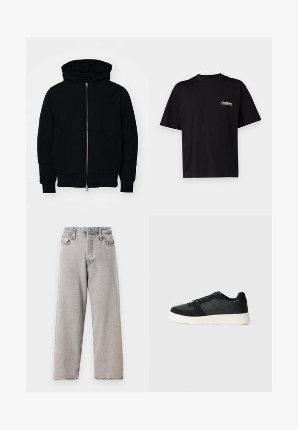 Crna kapuška jakna s prednjim zatvaračem, kenguru džepom, rebrastim manžetama i rubom, prikazana na običnoj bijeloj pozadini.; Crna pamukasta majica s kratkim rukavima, okruglim izrezom i printom na lijevoj prednjoj strani u bijelom i zlatnom tekstu, s ležernim krojem.; Široke sive traperice od denima s izblijedjelim završetkom, pet džepova, prolaze za pojas i kontrastno šivanje. Glatka tekstura i ravni kroj.; Crni niski tenisice s teksturiranom kožom i antilop panelima, bijelim gumene potplate i crnim vezicama na jednostavnoj svijetloj pozadini.