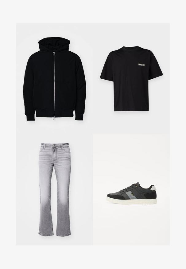 Chaqueta negra con capucha, cierre frontal, bolsillo tipo canguro, y puños y dobladillo acanalados, exhibida sobre un fondo blanco liso.; Camiseta de algodón negra con mangas cortas, cuello redondo y estampado en blanco y dorado en el frente, lado izquierdo del pecho, con un corte relajado.; Jeans de mezclilla grises acampanados con un acabado descolorido, diseño de cinco bolsillos, cierre frontal con botón y detalles cosidos a lo largo de las costuras.; Zapatilla baja en negro y gris con suela blanca, cordones y el logo "Lee" en el panel lateral, sobre fondo blanco.
